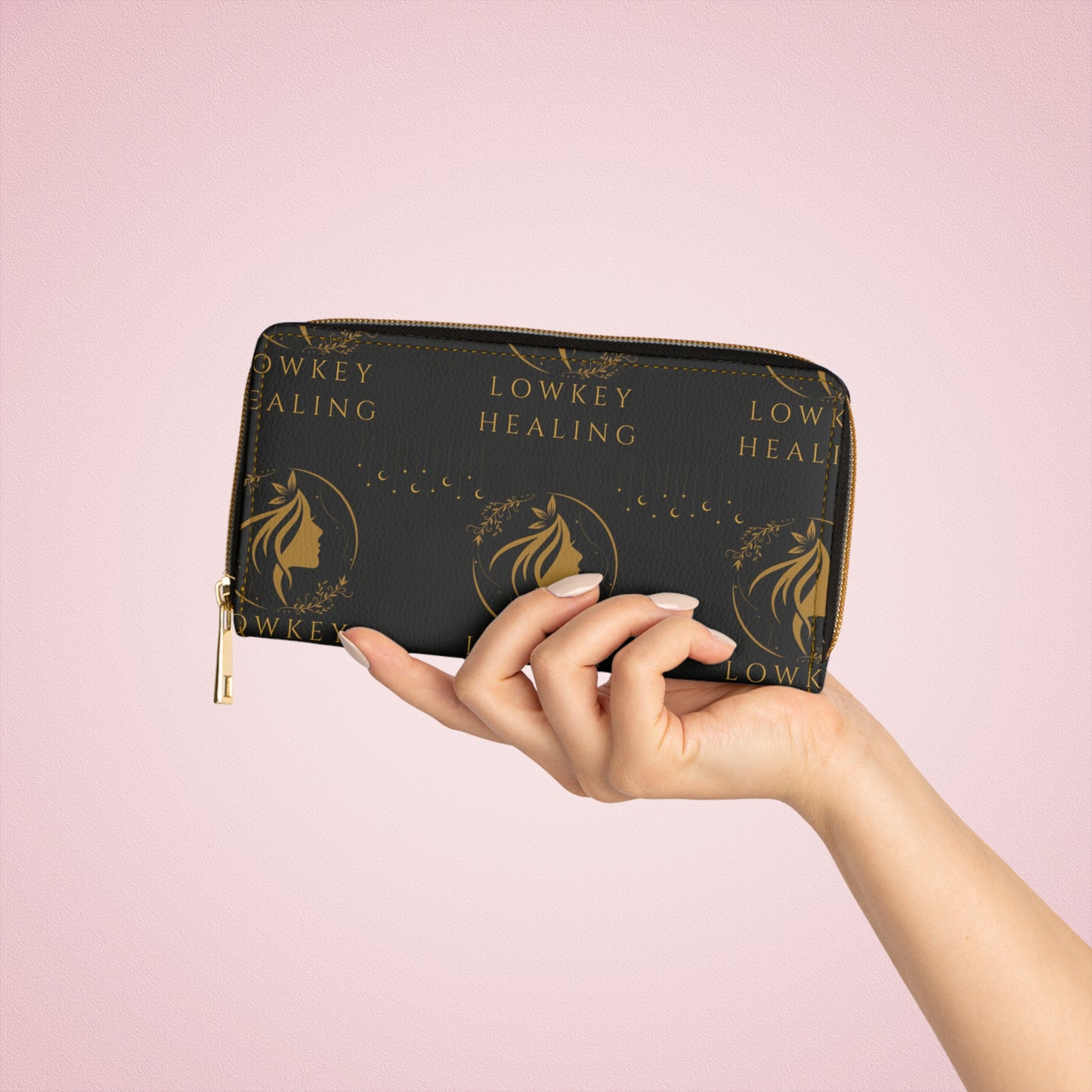 Lowkey Healing Signature Zip Wallet- Black & Gold luxe Everyday Organizer