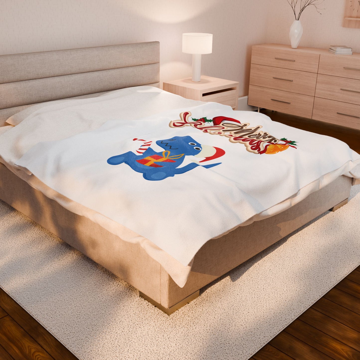 Christmas Dinosaur Velveteen Plush Blanket — "Merry Christmas" Holiday Throw