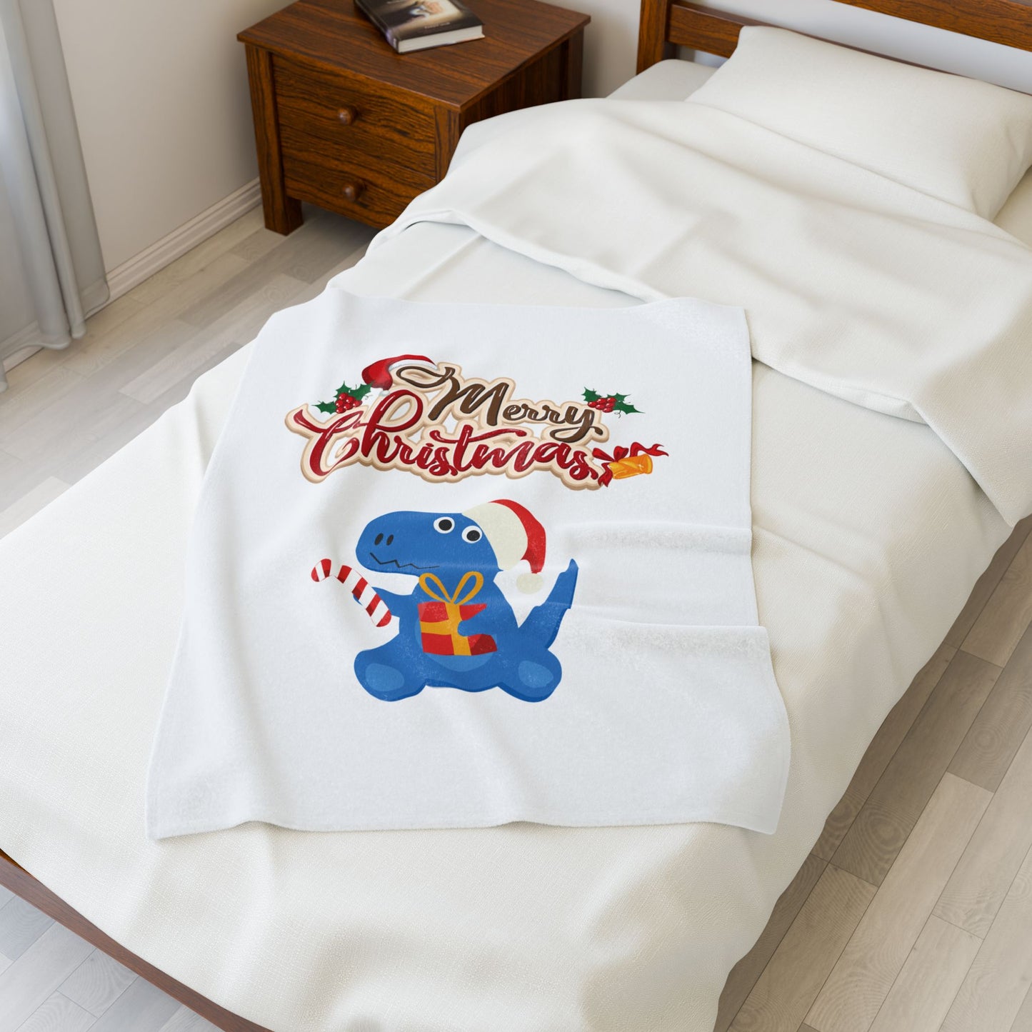 Christmas Dinosaur Velveteen Plush Blanket — "Merry Christmas" Holiday Throw