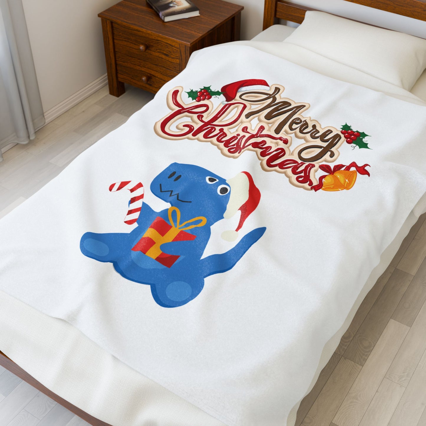 Christmas Dinosaur Velveteen Plush Blanket — "Merry Christmas" Holiday Throw