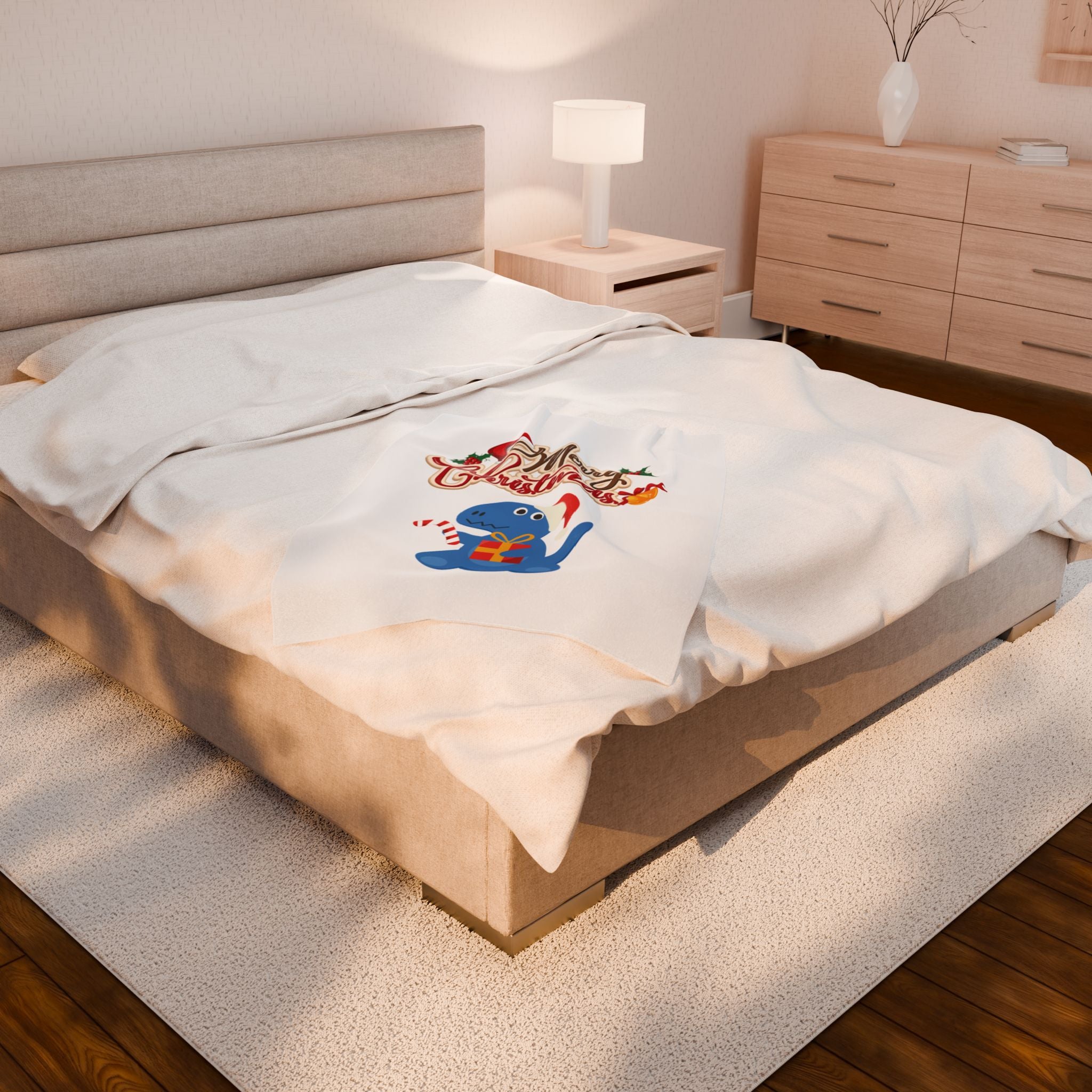 Christmas Dinosaur Velveteen Plush Blanket — "Merry Christmas" Holiday Throw