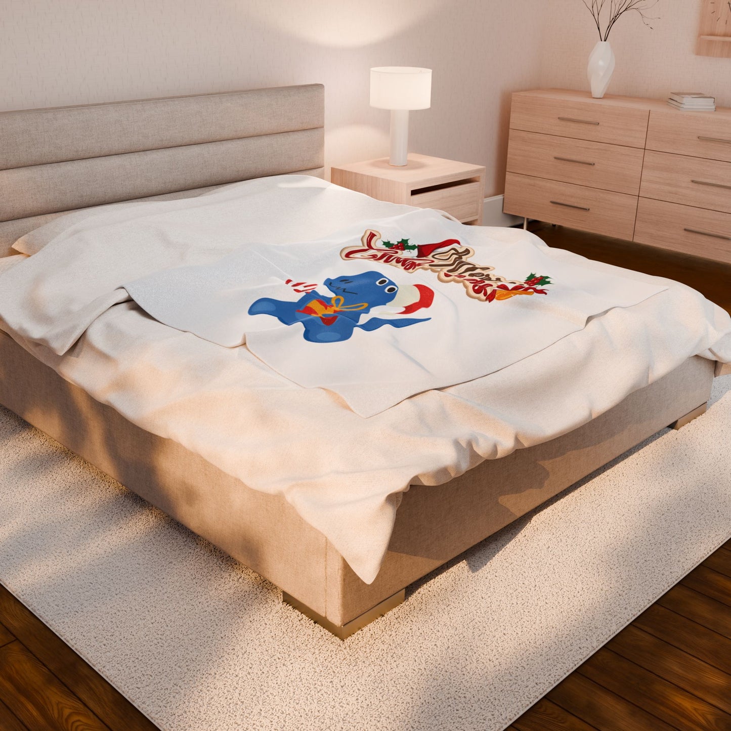 Christmas Dinosaur Velveteen Plush Blanket — "Merry Christmas" Holiday Throw
