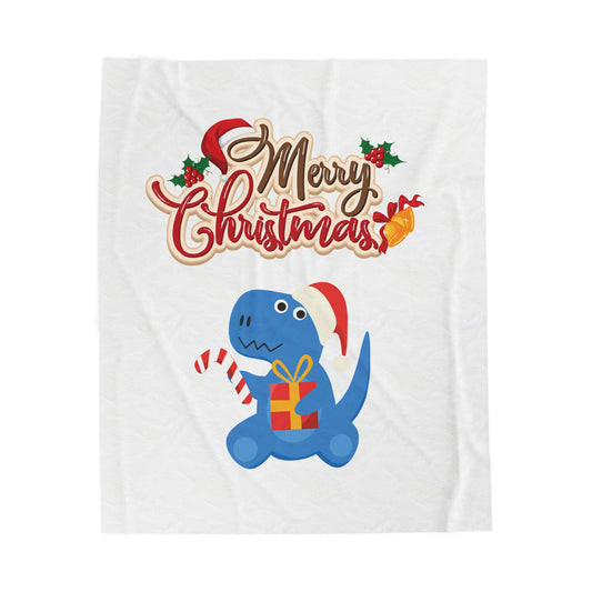 Christmas Dinosaur Velveteen Plush Blanket — "Merry Christmas" Holiday Throw