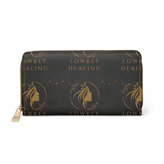 Lowkey Healing Signature Zip Wallet- Black & Gold luxe Everyday Organizer