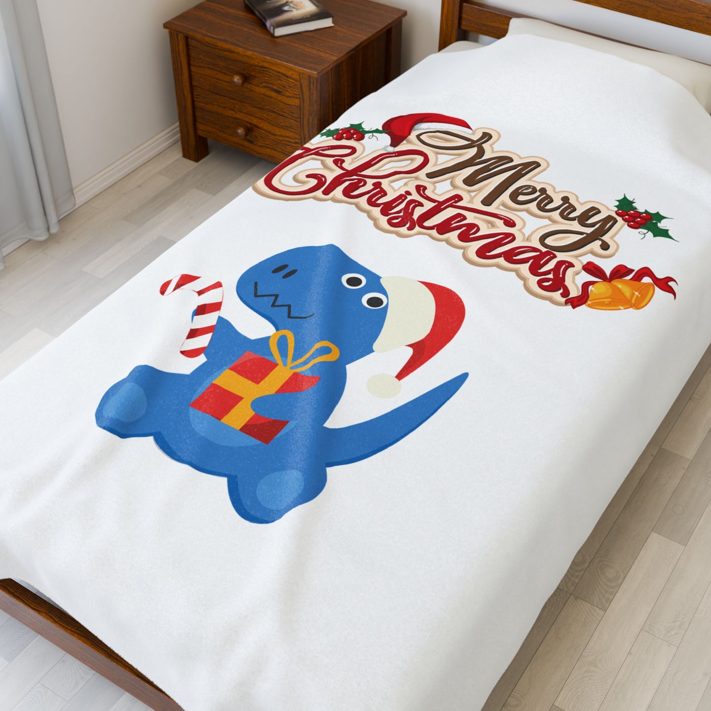 Christmas Dinosaur Velveteen Plush Blanket — "Merry Christmas" Holiday Throw